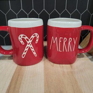 NEW Rae Dunn Set Of 2 Christmas Mugs Double Sided Candy Cane Holiday Coffee